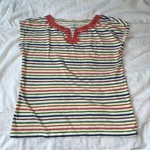 Talbots MEDIUM Cream Red Multicolor Stripes Embroidered Top 100% cotton
